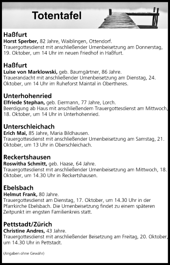 Anzeige von Totentafel vom 17.10.2017 von MGO