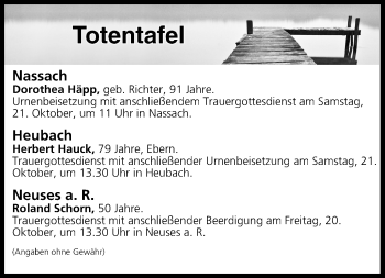 Anzeige von Totentafel vom 19.10.2017 von MGO