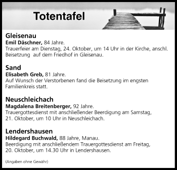 Anzeige von Totentafel vom 20.10.2017 von MGO