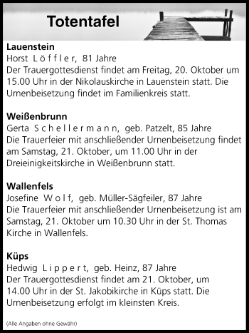 Anzeige von Totentafel vom 20.10.2017 von MGO