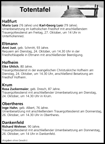 Anzeige von Totentafel vom 24.10.2017 von MGO