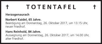 Anzeige von Totentafel vom 24.10.2017 von MGO