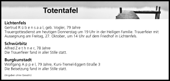 Anzeige von Totentafel vom 26.10.2017 von MGO