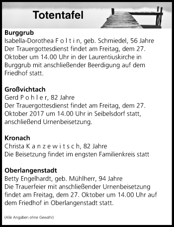 Anzeige von Totentafel vom 26.10.2017 von MGO