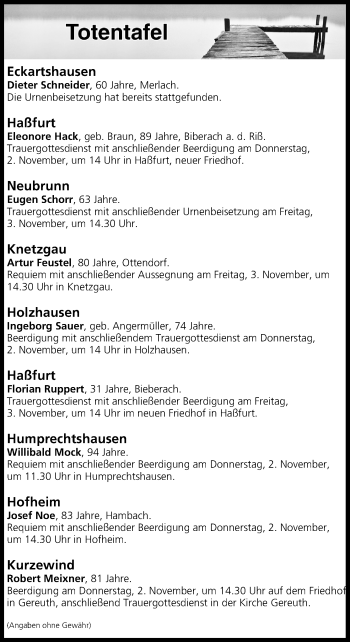 Anzeige von Totentafel vom 31.10.2017 von MGO