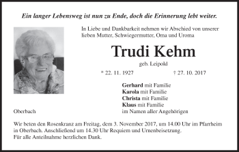 Anzeige von Trudi Kehm von MGO