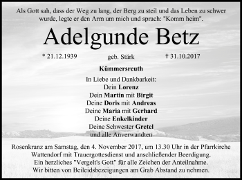 Anzeige von Adelgunde Betz von MGO