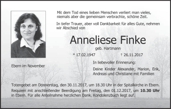 Anzeige von Anneliese Finke von MGO