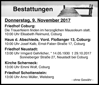 Anzeige von Bestattungen vom 09.11.2017 von MGO