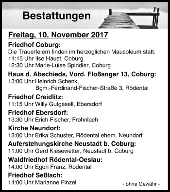 Anzeige von Bestattungen vom 10.11.2017 von MGO