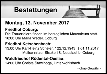 Anzeige von Bestattungen vom 13.11.2017 von MGO