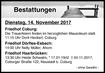 Anzeige von Bestattungen vom 14.11.2017 von MGO