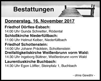 Anzeige von Bestattungen vom 16.11.2017 von MGO