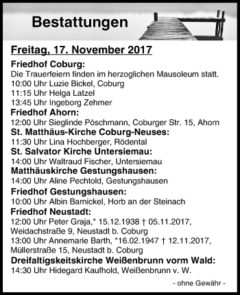 Anzeige von Bestattungen vom 17.11.2017 von MGO
