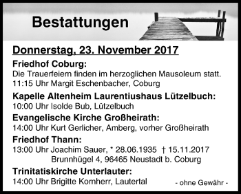 Anzeige von Bestattungen vom 23.11.2017 von MGO