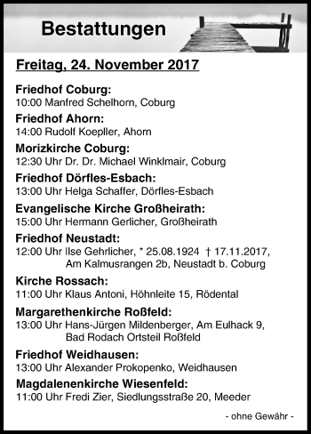 Anzeige von Bestattungen vom 24.11.2017 von MGO