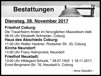 Anzeige von Bestattungen vom 28.11.2017 von MGO