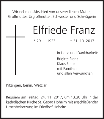 Anzeige von Elfriede Franz von MGO