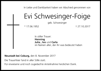 Anzeige von Evi Schwesinger-Foige von MGO