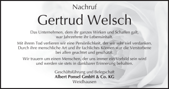 Anzeige von Gertrud Welsch von MGO