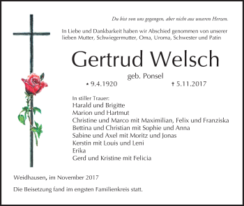 Anzeige von Gertrud Welsch von MGO