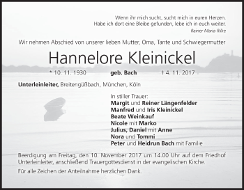 Anzeige von Hannelore Kleinickel von MGO