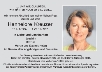 Anzeige von Hannelore Kreuzer von MGO