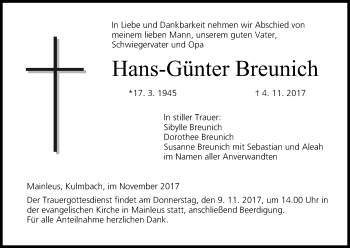 Anzeige von Hans-Günter Breunich von MGO