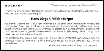 Anzeige von Hans-Jürgen Mildenberger von MGO
