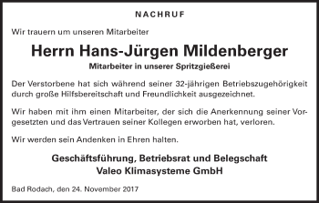 Anzeige von Hans-Jürgen Mildenberger von MGO