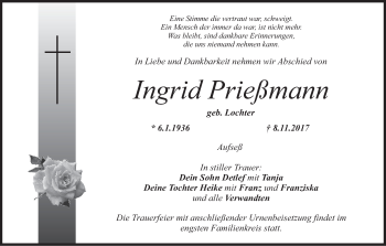 Anzeige von Ingrid Prießmann von MGO
