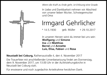 Anzeige von Irmgard Gehrlicher von MGO