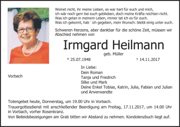 Anzeige von Irmgard Heilmann von MGO