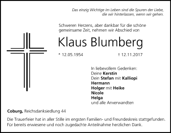 Anzeige von Klaus Blumberg von MGO