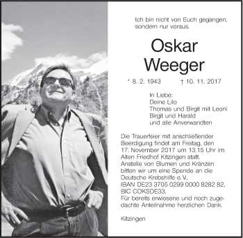 Anzeige von Oskar Weeger von MGO