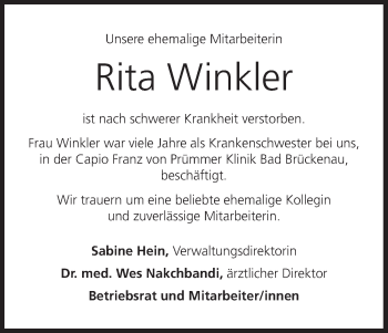 Anzeige von Rita Winkler von MGO