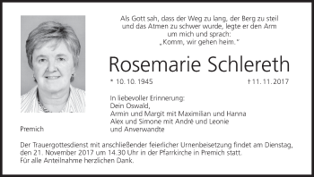 Anzeige von Rosemarie Schlereth von MGO