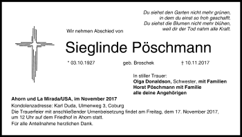 Anzeige von Sieglinde Pöschmann von MGO
