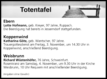 Anzeige von Totentafel vom 03.11.2017 von MGO
