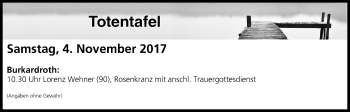 Anzeige von Totentafel vom 04.11.2017 von MGO