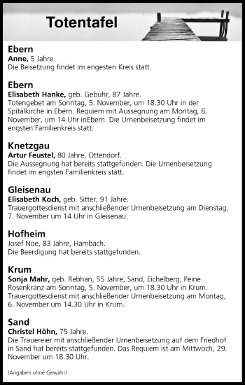 Anzeige von Totentafel vom 04.11.2017 von MGO