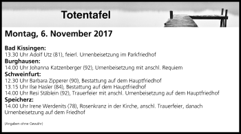 Anzeige von Totentafel vom 06.11.2017 von MGO