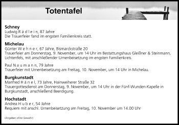 Anzeige von Totentafel vom 08.11.2017 von MGO