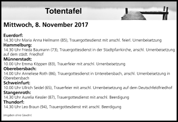 Anzeige von Totentafel vom 08.11.2017 von MGO