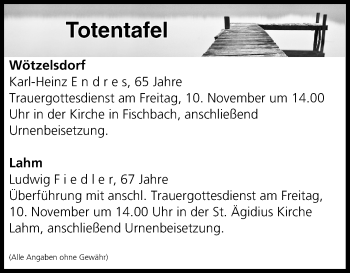 Anzeige von Totentafel vom 08.11.2017 von MGO