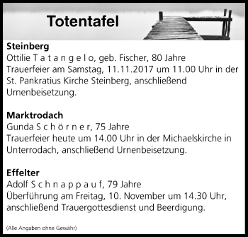 Anzeige von Totentafel vom 09.11.2017 von MGO