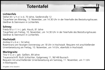 Anzeige von Totentafel vom 09.11.2017 von MGO