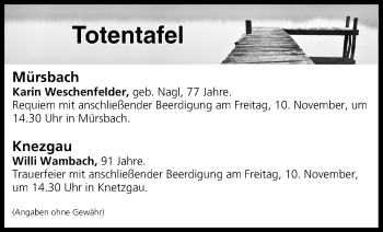 Anzeige von Totentafel vom 10.11.2017 von MGO