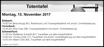 Anzeige von Totentafel vom 13.11.2017 von MGO