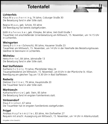 Anzeige von Totentafel vom 14.11.2017 von MGO
